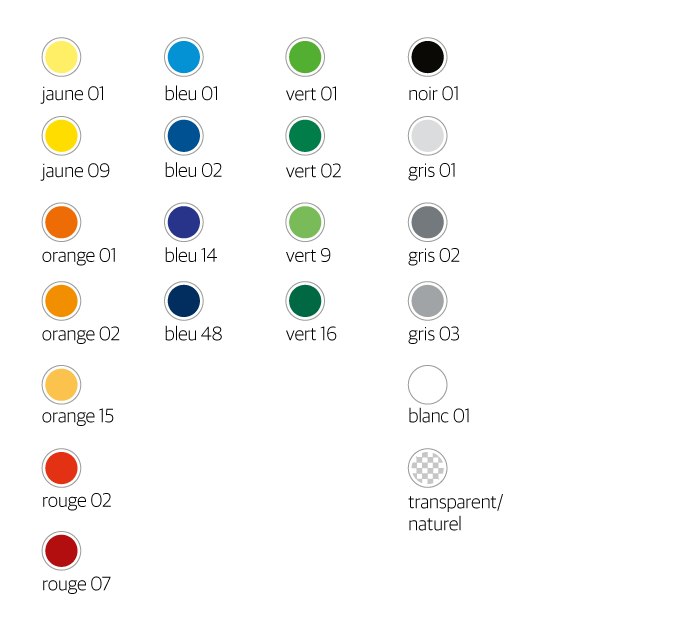 Les couleurs standard pour nos solutions d'emballage plastique.